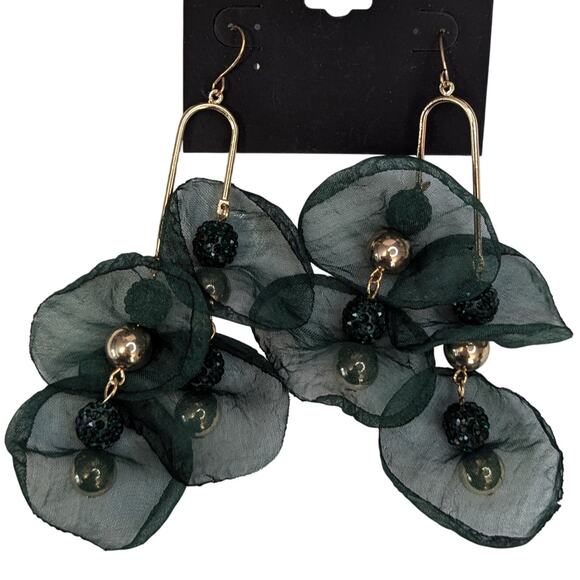 Noir Green Organza Petal Earrings with Gold Beads - Picture 1 of 7